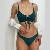 Traje de baño bikini sin espalda, acolchado, con hebilla y cuello en V y lazo